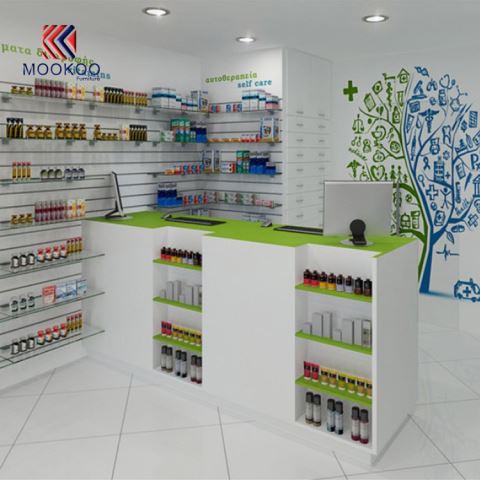 Namještaj prodavaonice lijekova Prozirno staklene police